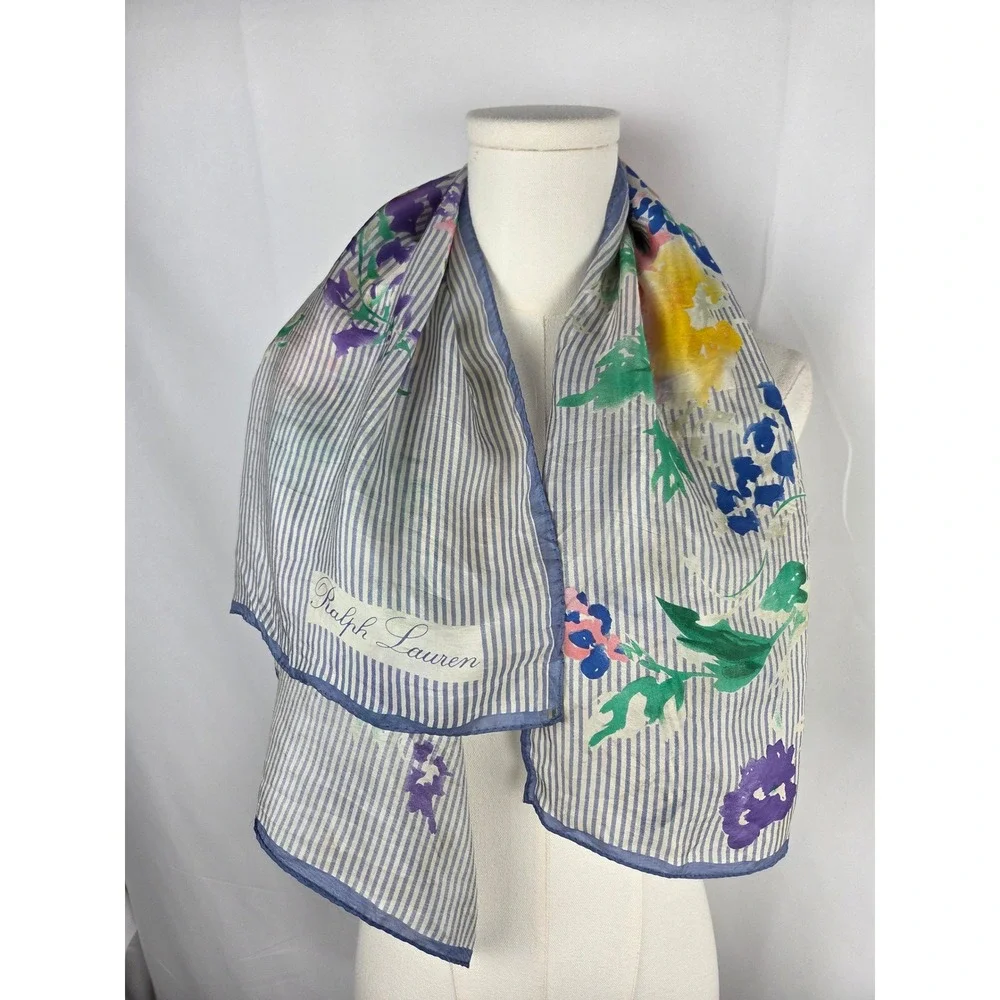 VTG 1980's Ralph Lauren Silk Scarf 34x34 Blue White Striped Floral Cottagecore